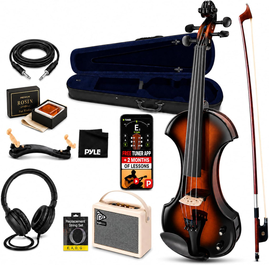 Pyle 4/4 Silent Electric Violin with Amplifier Kit, Solid Wood Fiddle with 10W Amp and Complete Accessories, Full Size Orchestral String Instrument For Beginner & Professional Use