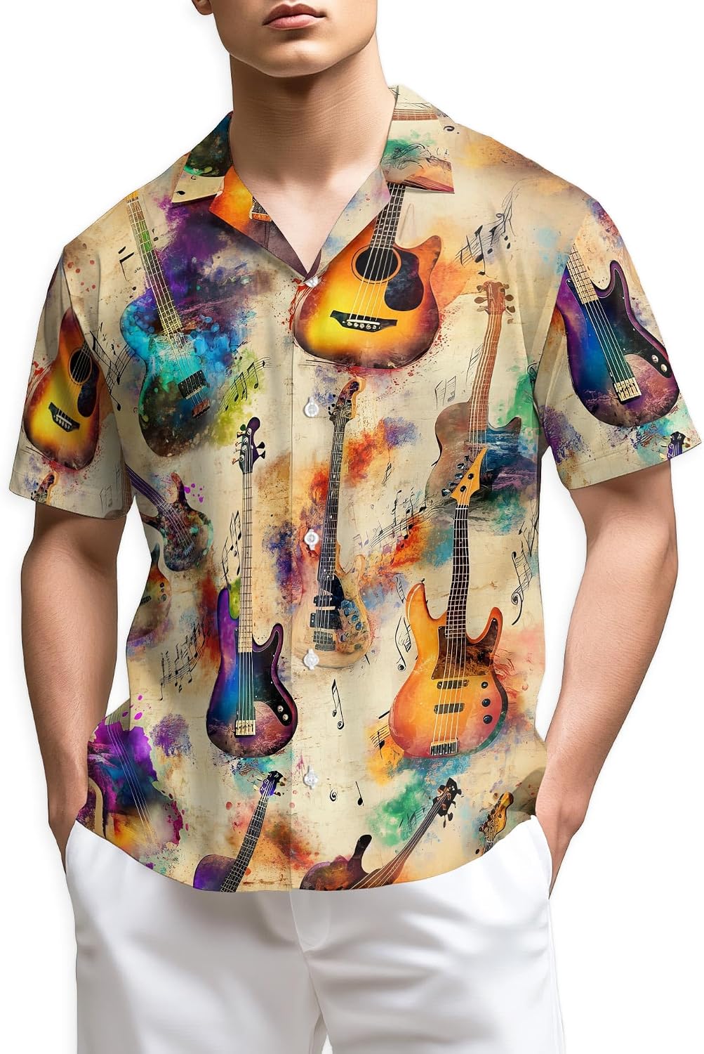 Trombone Pattern Hawaiian Shirt for Men, Summer Vacation Button Down Shirt, Aloha Beach Short Sleeve Shirt, S-5XL