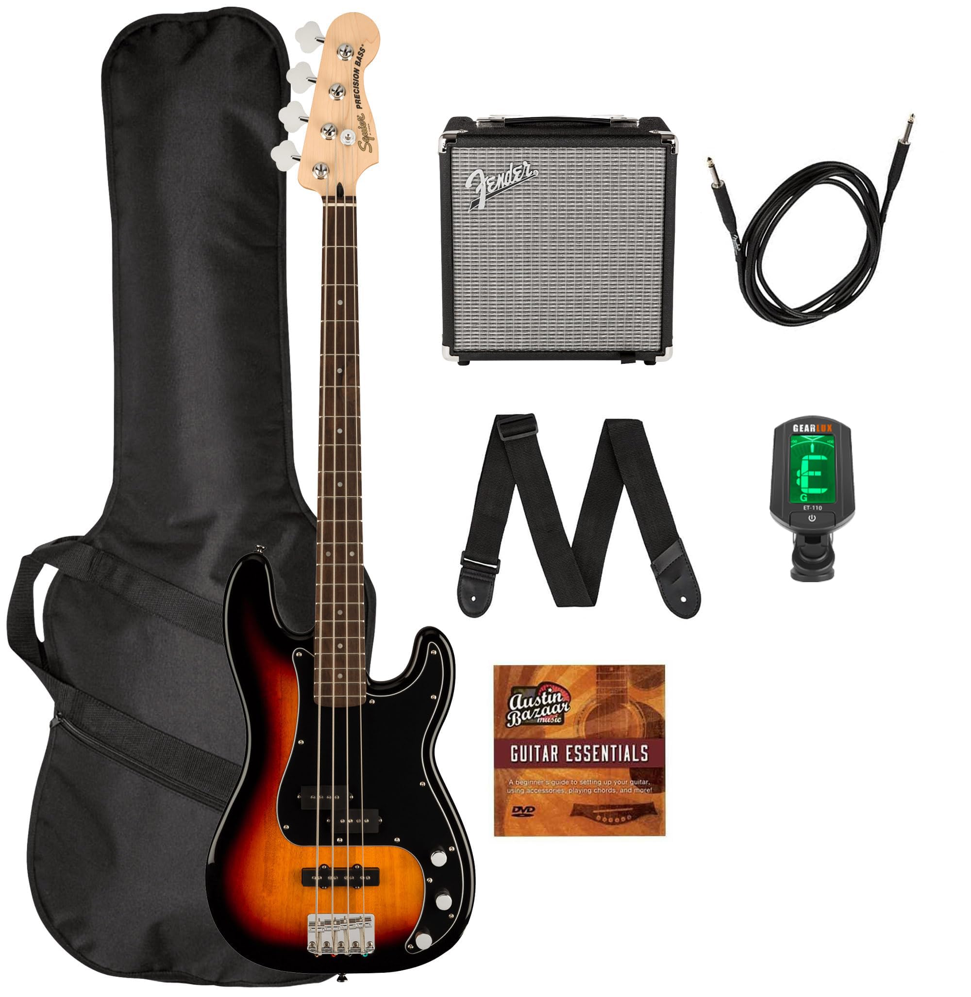 Fender Squier Affinity Precision Bass PJ - Surf Green Bundle with Rumble 15 Amplifier, Instrument Cable, Gig Bag, Tuner, Strap, and Austin Bazaar Instructional DVD