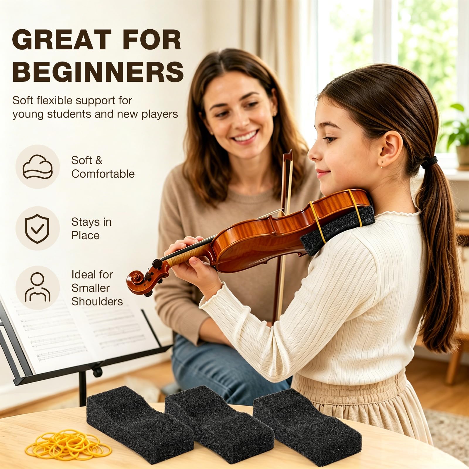 Facmogu 10PCS Foam Violin Shoulder Pad, Economy Sponge Violin Shoulder Pads for 3/4-1/2 Violins, Great Present for Christmas, Soft Violins Sponge Rest with Rubber Bands for Concerts & Party - Black