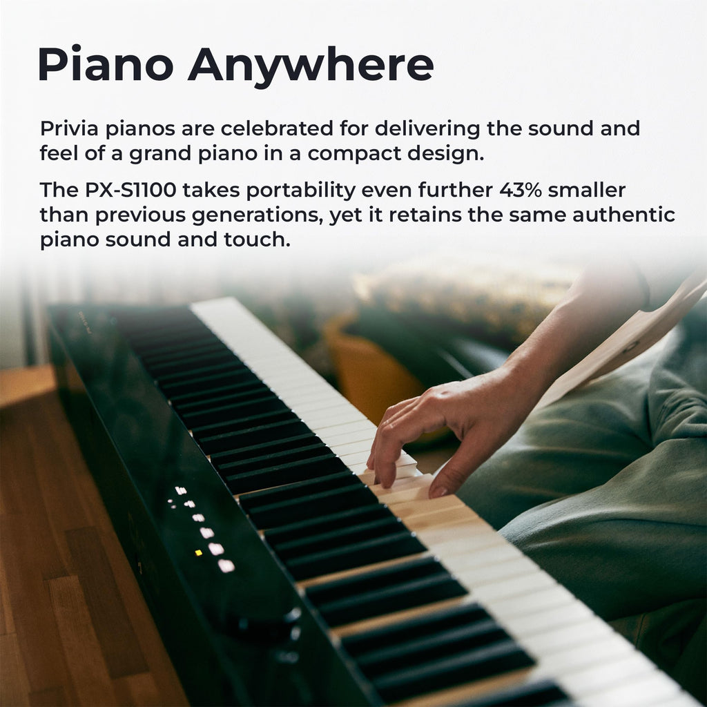 Casio PX-S1100 Privia Digital Piano - Black Bundle with CS-68 Furniture Stand, SP-34 Three Pedal System, Furniture Bench, Instructional Book, Instructional Video, and Austin Bazaar Polishing Cloth