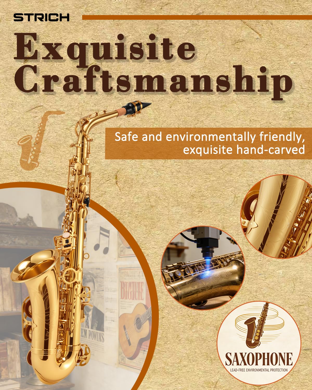 STRICH Eb Alto Saxophone Brass Student Beginner Alto Sax Kit with Hard Case Stand Neck Strap Mouthpiece and Reeds for School Band Home Practice, SSA-31B, Black