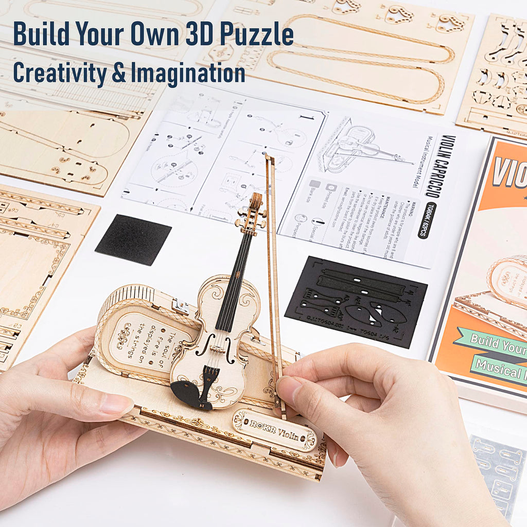 ROKR Wooden 3D Puzzles for Adults Violin, Musical Instrument Model Kit 3D Puzzles to Build, Desk Decor/DIY Hobbies/Gifts for Family and Friends (Violin)