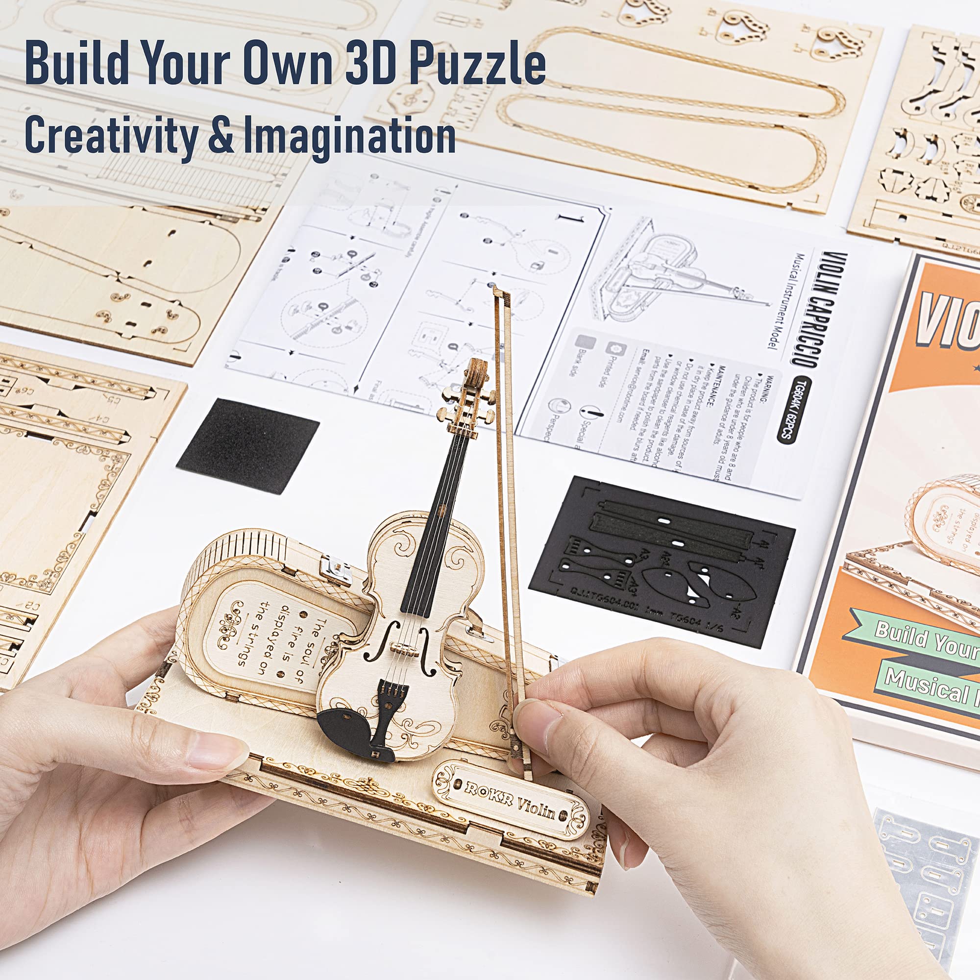 ROKR Wooden 3D Puzzles for Adults Violin, Musical Instrument Model Kit 3D Puzzles to Build, Desk Decor/DIY Hobbies/Gifts for Family and Friends (Violin)