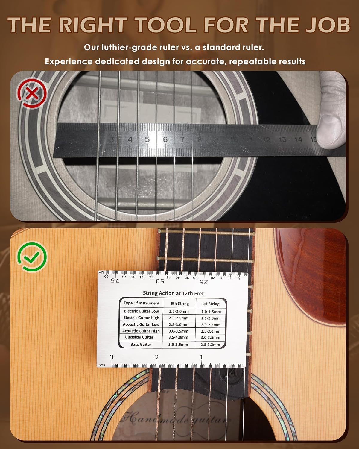 Guitar String Action Gauge Ruler, Professional Setup Tool with Dual mm and 1/64" Scales - for Electric, Acoustic, Bass Guitars - Includes Measurement Chart & Protective Sleeve