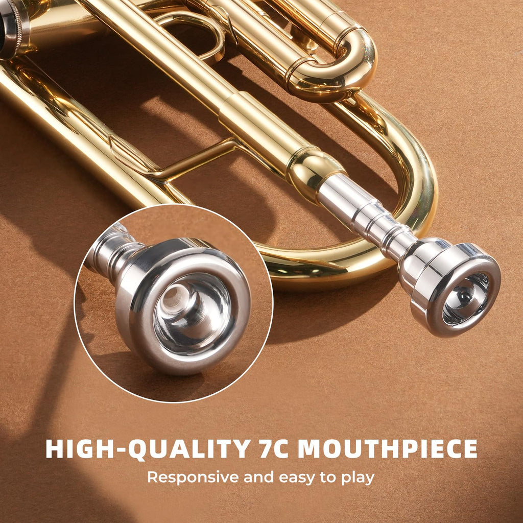 JAMELO Bb Standard Trumpet Set, Brass Trumpet Instrument for Student/Beginner with Carrying Case, 7C Mouthpiece, Cleaning Cloth and Gloves (TP-100, Gold)