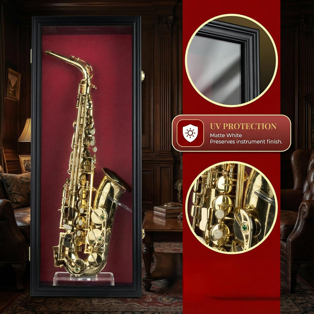 DisplayGifts Saxophone Display Case Saprano Alto Saxophone Stand Holder Wall Mount Shadow Box - 98% UV Protected & Lockable Black Frame