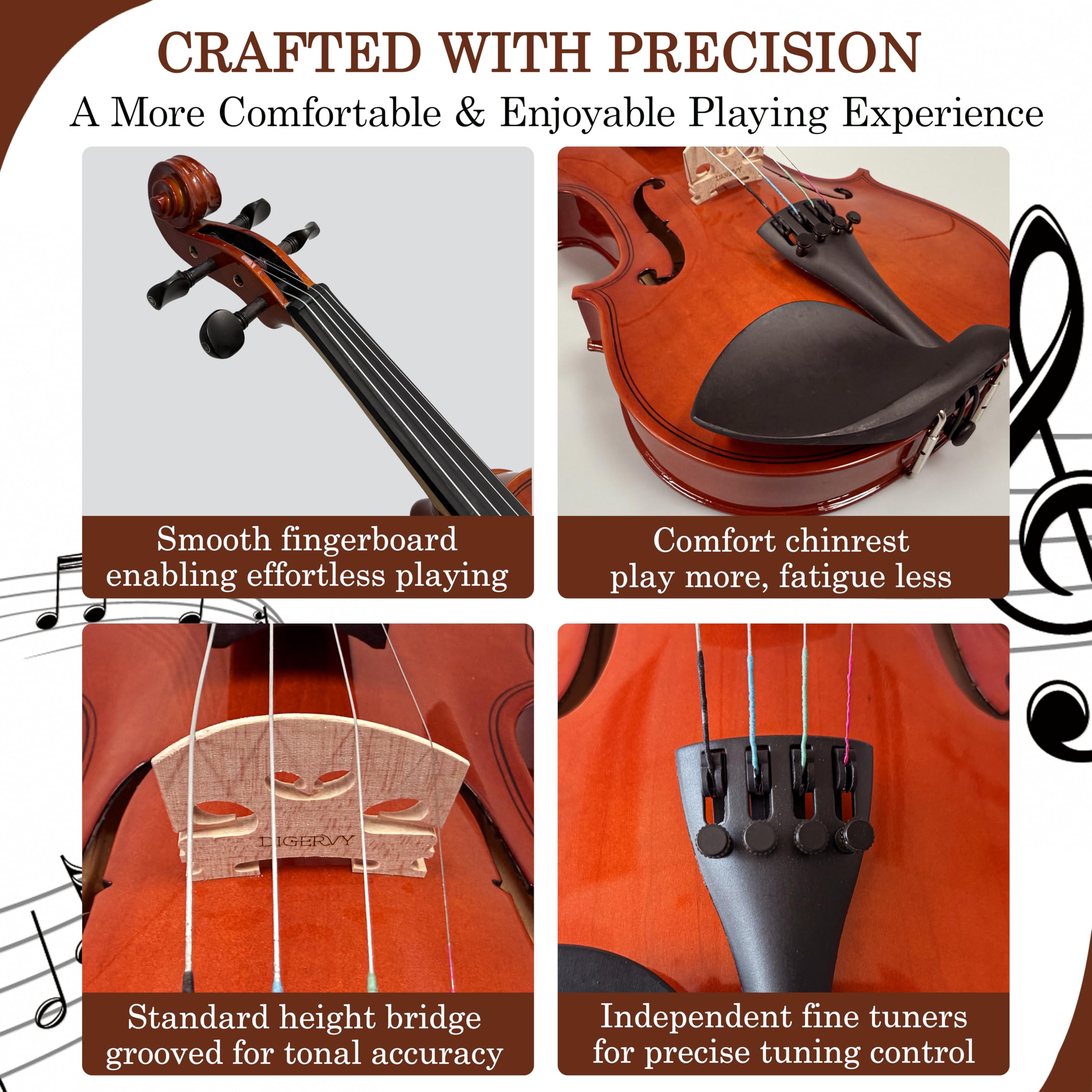 Violin 4/4 Full Size Kit for Beginners, Glossy Violin Fiddle Set for Adults, Students with Violin Case, Bow, Rosin, Fingerboard Sticker, Shoulder Rest, Extra Strings and Bridge(Plywood, Full)