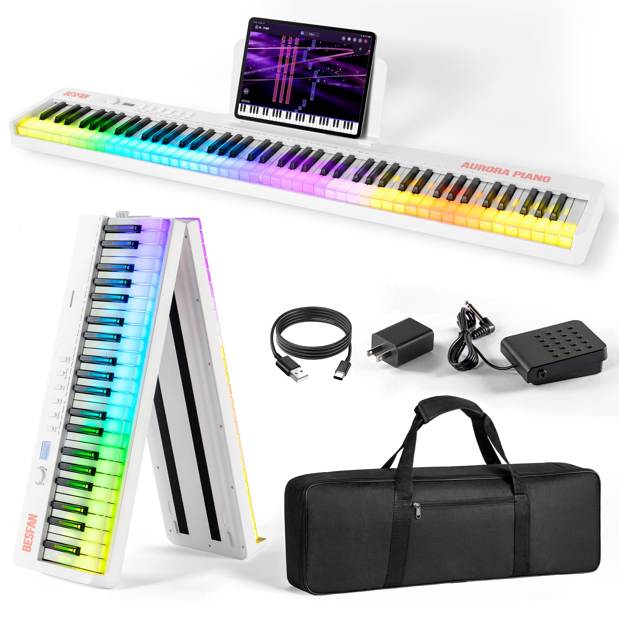 Foldable 88-Key Piano Keyboard with Colorful Lighted Keys, Semi-Weighted Full Size Keys, Portable Digital Piano with USB-MIDI, Built-in Speakers, Sustain Pedal, Battery for Beginners & Adults