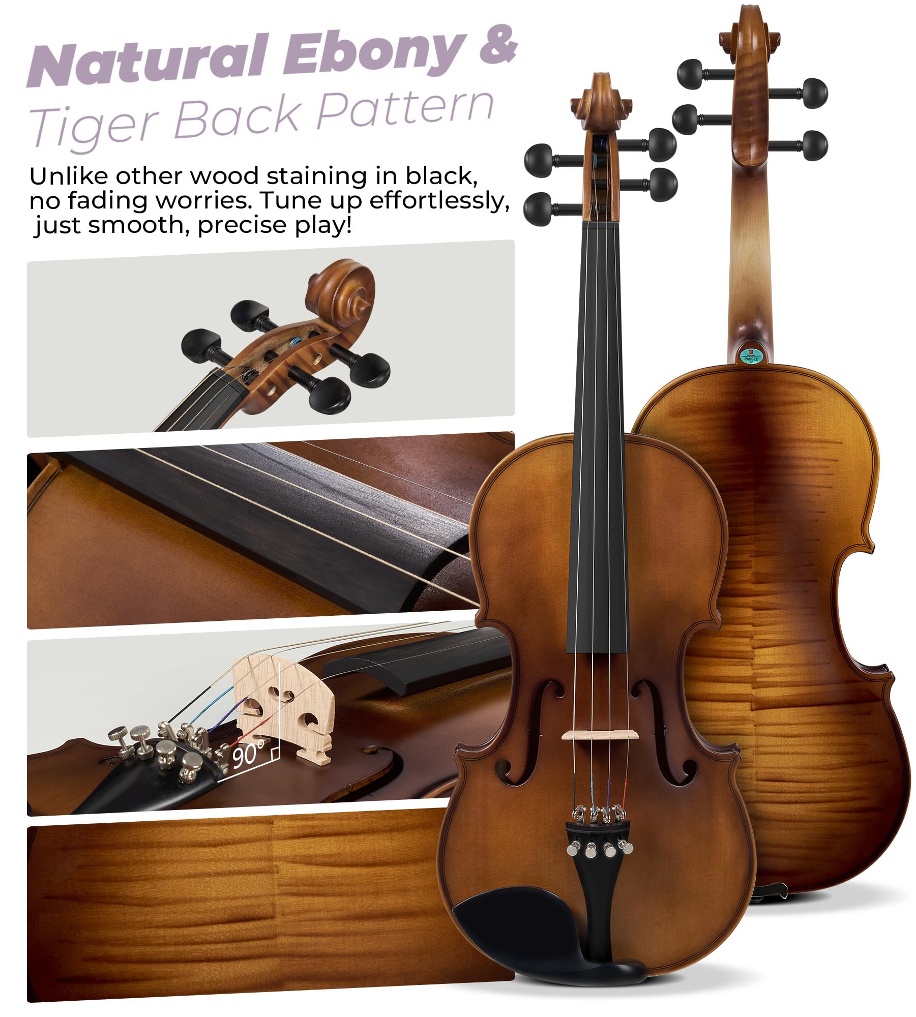 Vangoa Violin 4/4 Full Size Set, Varnish Fiddle Solid Wood for Professional Adults Senior Intermediate Beginners Student Starter Acoustic Violins Kit Outfit with Ebony Fitted, Hard Case, Right Handed