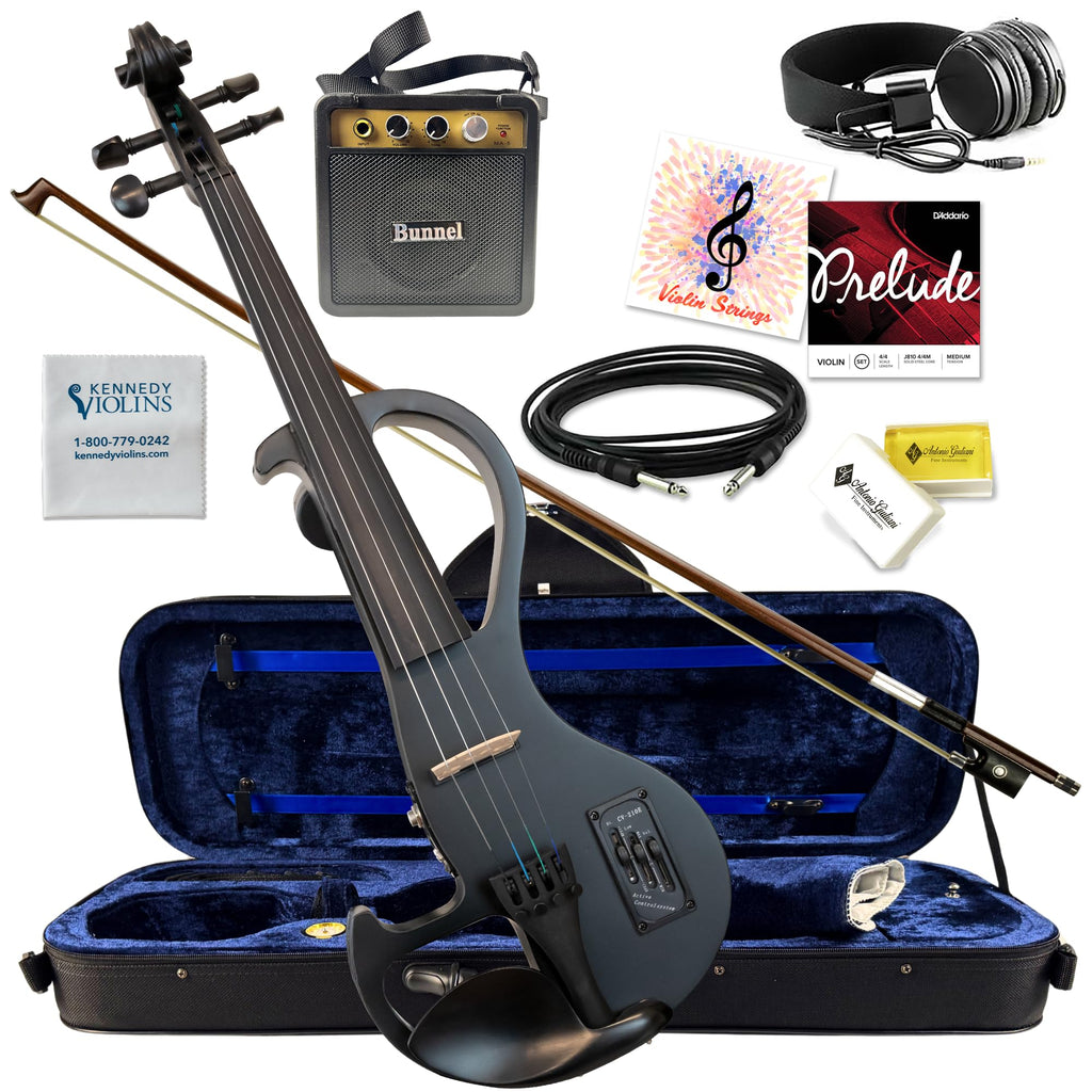 Electric Violin Bunnel Edge Outfit 4/4 Full Size (Light Zebrano) — With Carrying Case and Accessories - Mini Amp - Headphone Jack - Piezo Ceramic Pick-up - from Kennedy Violins