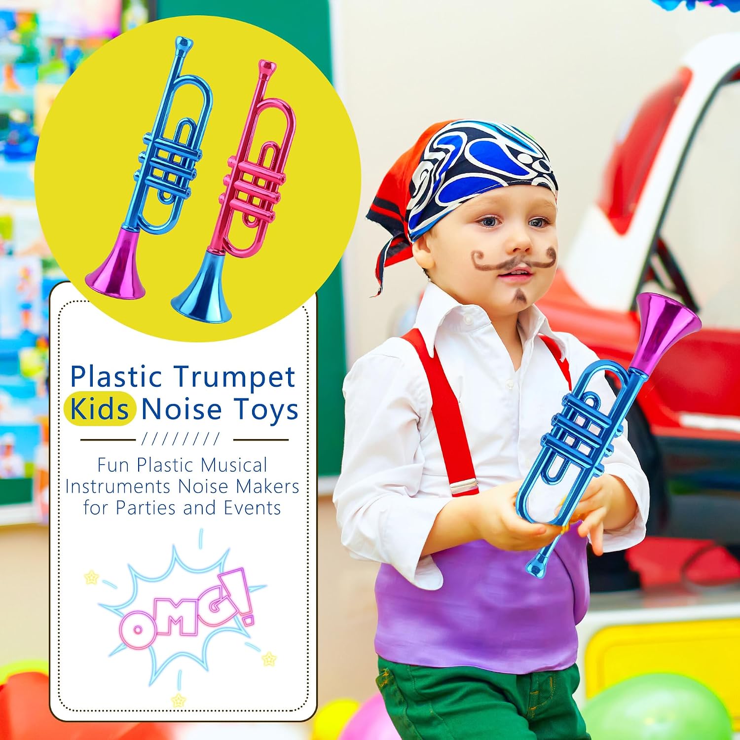 18 Pack 13 Inch Kids Trumpet Toy Colorful Plastic Trumpet Musical Instrument Metallic Trumpets Noise Maker for Kids Birthday New Year Party Favors and Sports Celebrations, 2 Colors
