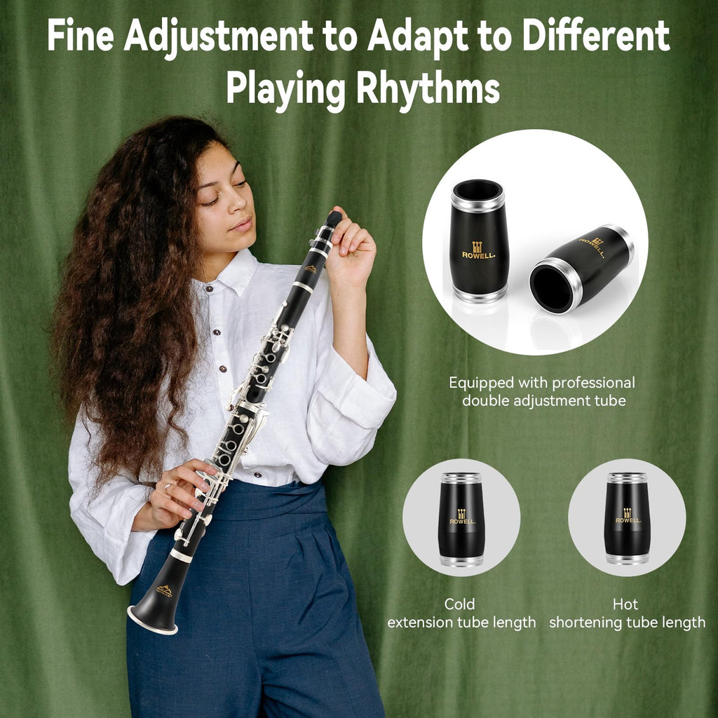 ROWELL 18 Key Bb Clarinet with Eb/Ab Lever & African Blackwood Wood Body Professional Rich Tone for Intermediate Players & Students Includes Case, Mouthpiece, Reeds