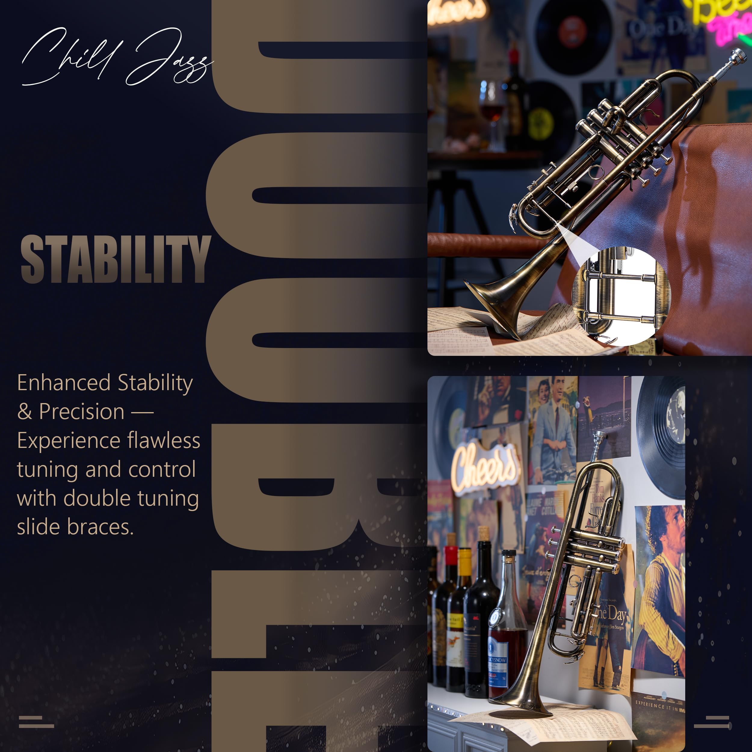 AKLOT Hand-Hammered Bell Bb Trumpet: Smooth Valve Action, Clear-Lacquered Brass Body, Standard Trumpet Beginner Set with Leather Case, Lesson Book, Trumpet Mute, Mouthpiece, Cleaning Kit (SNR-BrzSF)