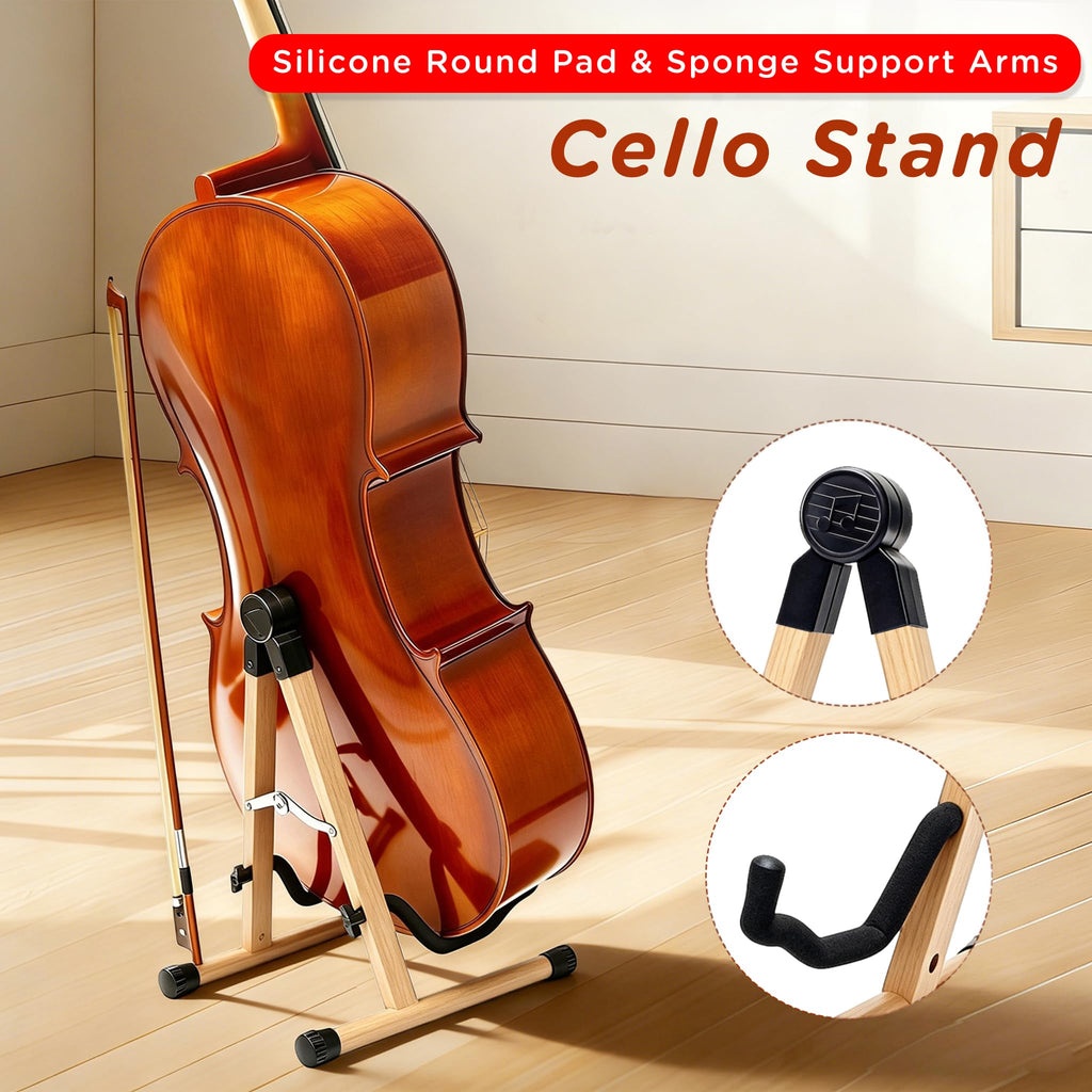 Cello Stand with Bow Holder, Wooden Stand for 1/2, 3/4, 7/8, 4/4 Full-Size, A-Frame Floor Cello Stand with Padded Foam and Non Slip Pad, Cello Display Stand (Black Walnut)