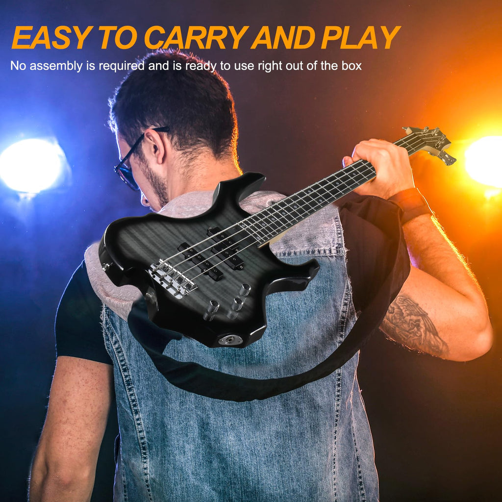 Ktaxon Electric Bass Guitar Full Size Flame Design Bass Set with 20 Watt Amplifier, Portable Bass Bag, Superior Amp Wire, Adjustable Guitar Strap, Plectrum, Wrench Tool(Matte Black)