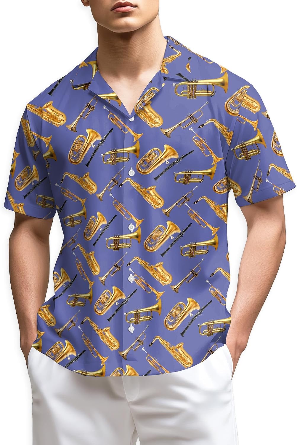 Trombone Pattern Hawaiian Shirt for Men, Summer Vacation Button Down Shirt, Aloha Beach Short Sleeve Shirt, S-5XL