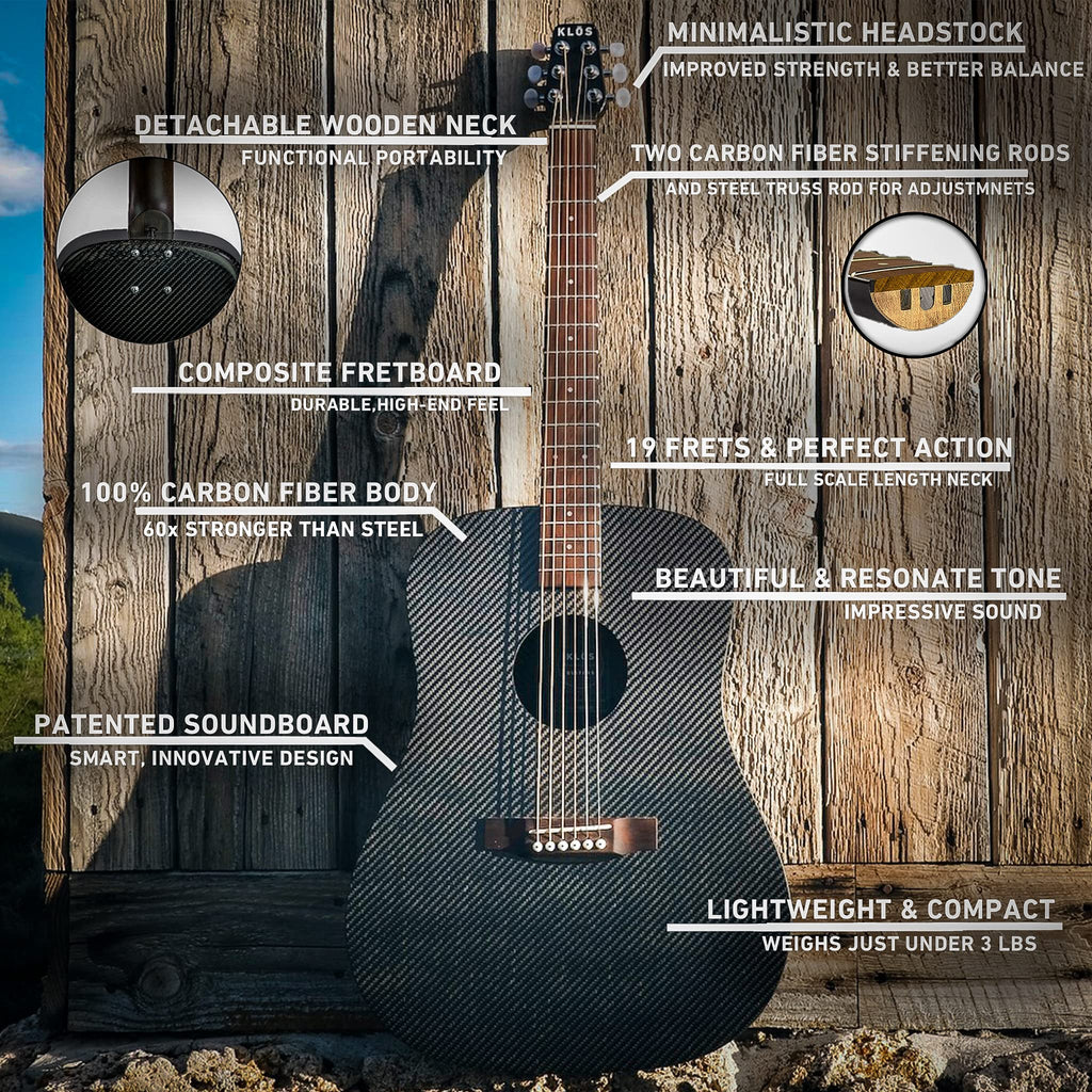 KLOS Full Size Guitar, Durable Carbon Fiber Acoustic Electric Guitar - Black with Gig Bag, Strap, Capo and more