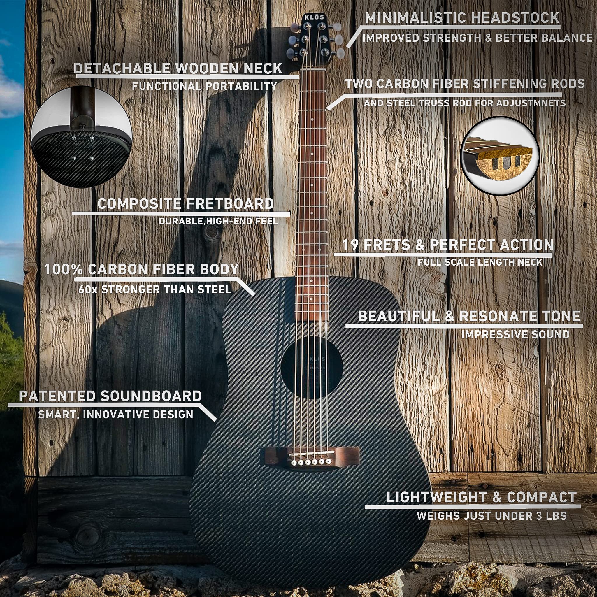 KLOS Full Size Guitar, Durable Carbon Fiber Acoustic Electric Guitar - Black with Gig Bag, Strap, Capo and more