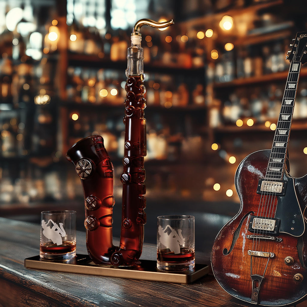 Saxophone Whiskey & Wine Decanter - 34 OZ Decanter Set with Two 10 Oz Whisky Glasses - Bourbon, Scotch, Liquor Gifts for Men, Dad, Father, Music Lover Gifts, Classical Instrument Room Home Décor