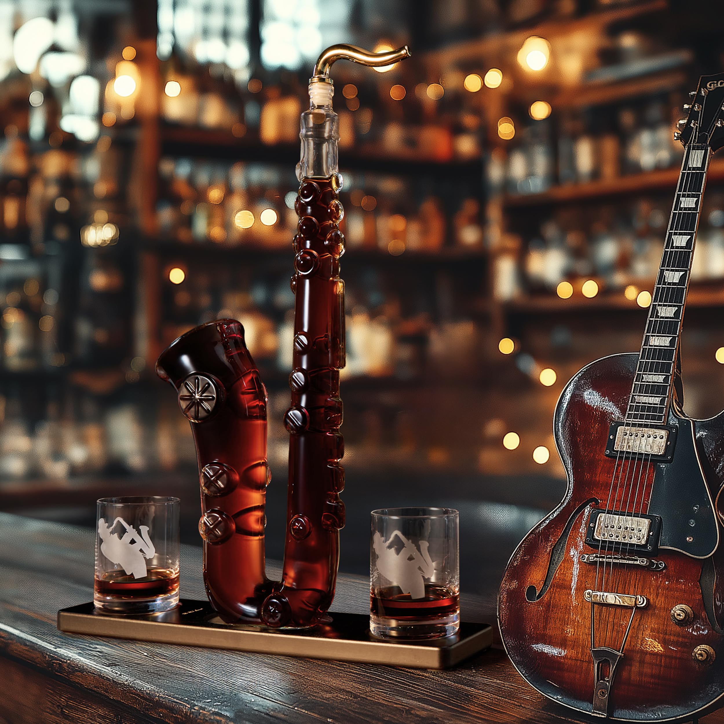 Saxophone Whiskey & Wine Decanter - 34 OZ Decanter Set with Two 10 Oz Whisky Glasses - Bourbon, Scotch, Liquor Gifts for Men, Dad, Father, Music Lover Gifts, Classical Instrument Room Home Décor
