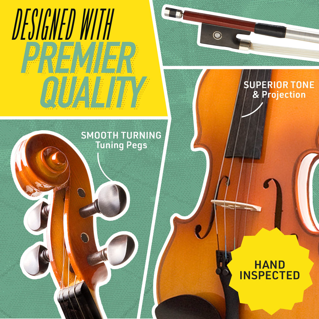 Mendini by Cecilio Violin 4/4 Full Size Set For Beginners - Hand Carved Acoustic Violins Set - Fiddle Solidwood Kit with Hard Case, Two Bows, Tuner, Rosin, Shoulder Rest, Extra Strings, Lesson Book