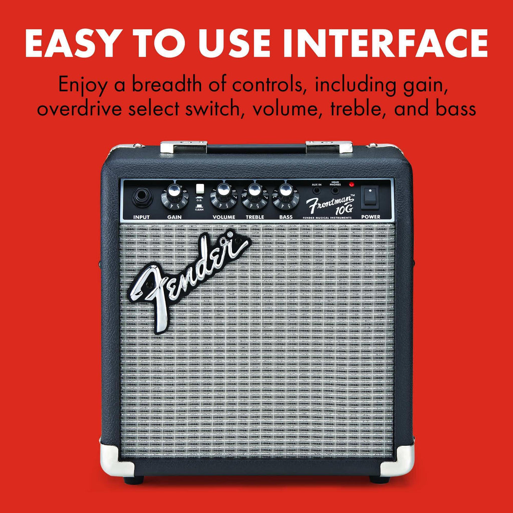 Fender Frontman 10G Electric Guitar Amplifier, 10-Watt Practice Amp with 6" Speaker, Built-in Overdrive, Headphone Jack & Aux Input, Black/Silver, with 2-Year Warranty