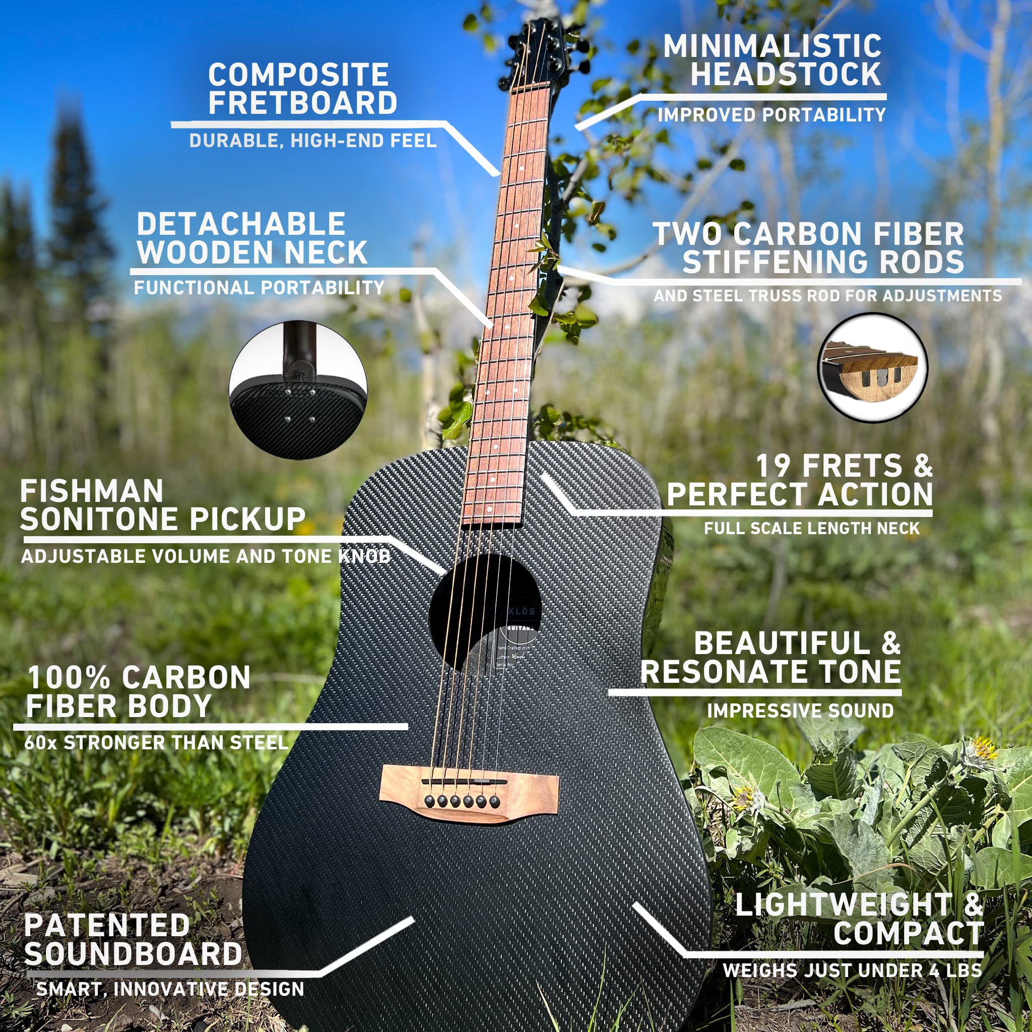 KLOS Full Size Guitar, Durable Carbon Fiber Acoustic Electric Guitar - Black with Gig Bag, Strap, Capo and more