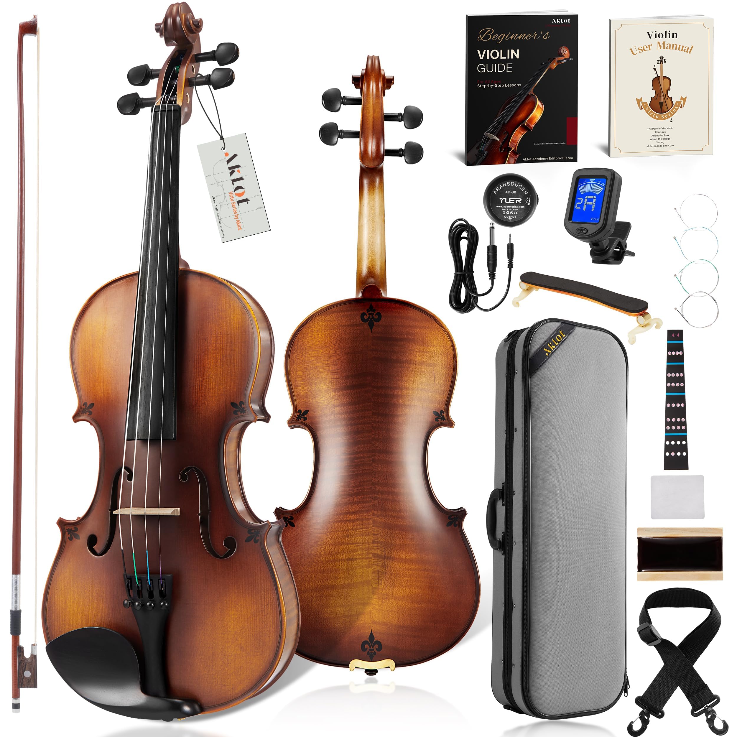 AKLOT Handcrafted Full Size Violin: Solid Wood Matte Fiddle, Acoustic Beginner 4/4 Violin Kit with Hard Case, Lesson Book, Bow, Shoulder Rest, Extra Strings, Tuner, Fretboard Stickers (VRT-AmiCS)