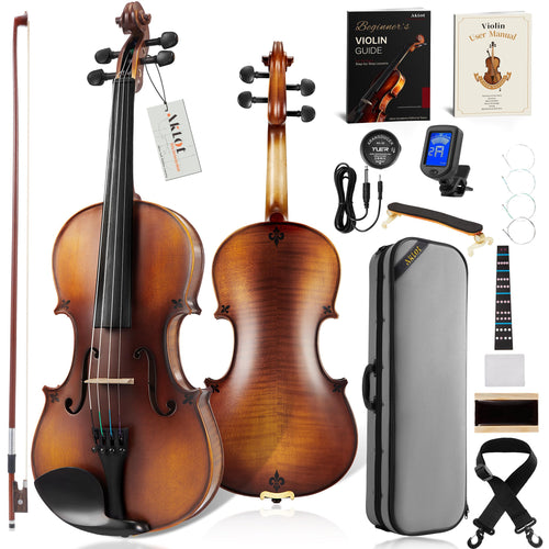 AKLOT Handcrafted Full Size Violin: Solid Wood Matte Fiddle, Acoustic Beginner 4/4 Violin Kit with Hard Case, Lesson Book, Bow, Shoulder Rest, Extra Strings, Tuner, Fretboard Stickers (VRT-AmiCS)