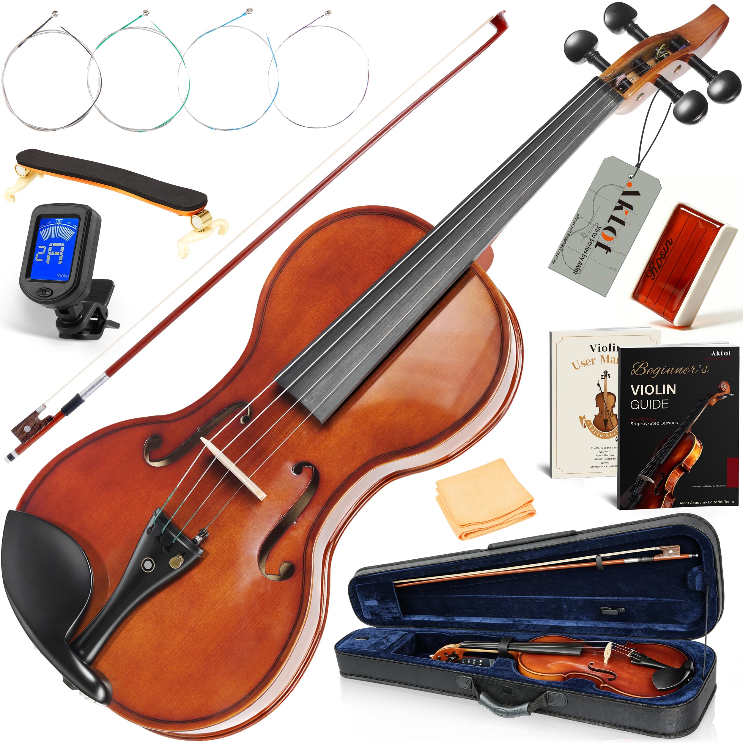 AKLOT Handcrafted Full Size Violin: Solid Wood Matte Fiddle, Acoustic Beginner 4/4 Violin Kit with Hard Case, Lesson Book, Bow, Shoulder Rest, Extra Strings, Tuner, Fretboard Stickers (VRT-AmiCS)