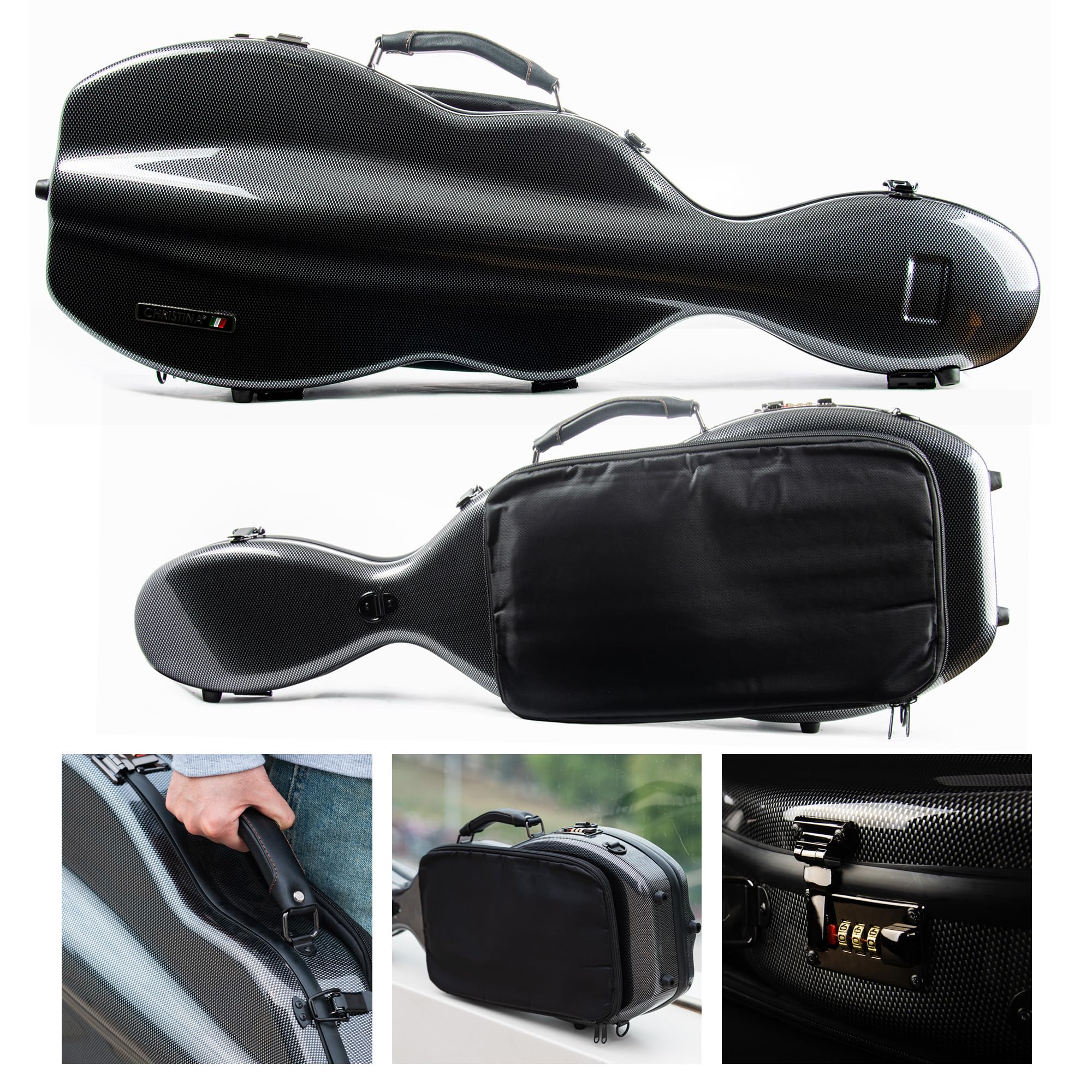 Christina violin case 4/4 Full Size Violin case High-Strength Carbon Fiber Pear-Shaped Violin Music Bag With Combination Lock and Extra Bag Gray Violin Hard Case (VB-Random type-SilveryGray spot)