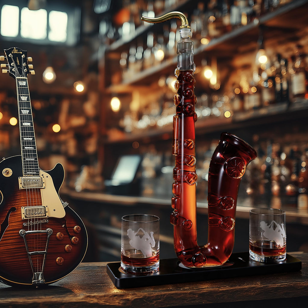 Saxophone Whiskey & Wine Decanter - 34 OZ Decanter Set with Two 10 Oz Whisky Glasses - Bourbon, Scotch, Liquor Gifts for Men, Dad, Father, Music Lover Gifts, Classical Instrument Room Home Décor