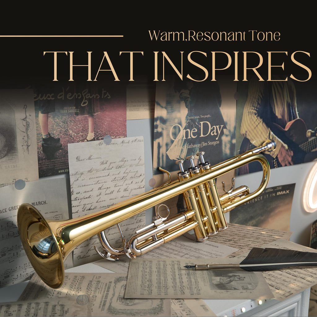 AKLOT Hand-Hammered Bell Bb Trumpet: Smooth Valve Action, Clear-Lacquered Brass Body, Standard Trumpet Beginner Set with Leather Case, Lesson Book, Trumpet Mute, Mouthpiece, Cleaning Kit (SNR-BrzED)