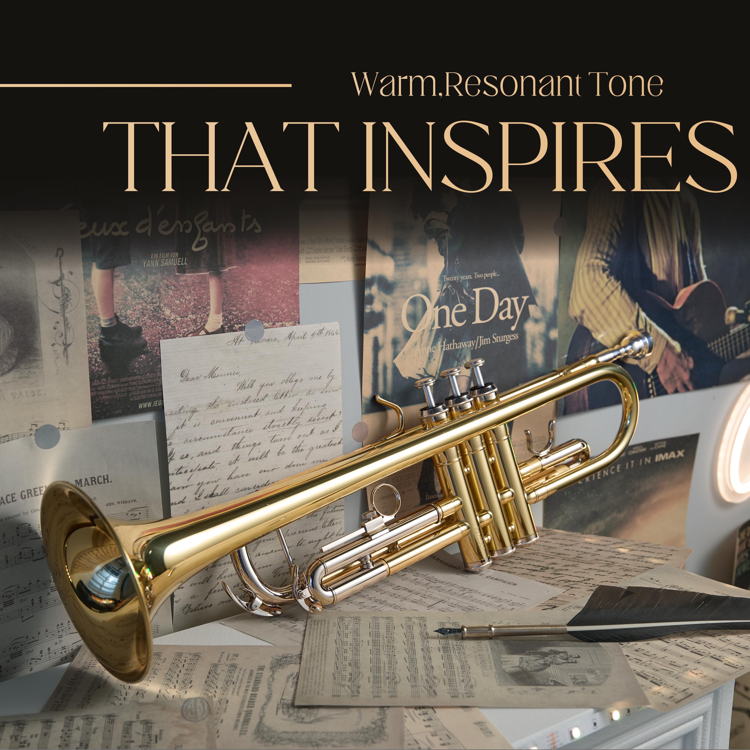 AKLOT Hand-Hammered Bell Bb Trumpet: Smooth Valve Action, Clear-Lacquered Brass Body, Standard Trumpet Beginner Set with Leather Case, Lesson Book, Trumpet Mute, Mouthpiece, Cleaning Kit (SNR-BrzED)