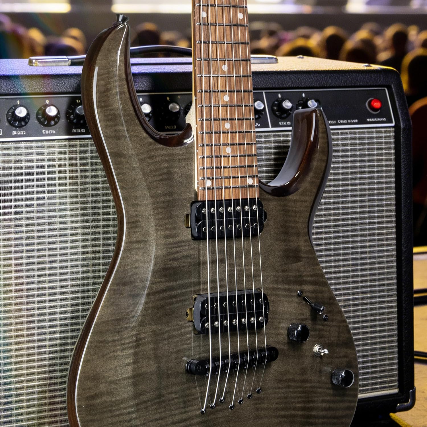 TARIO 7 String Electric Guitar 24 Frets, Flame Mahogany Top, Maple Neck, Rosewood Fingerboard, Dual Humbucker Pickups, Fixed Bridge, Modern Metal Guitar