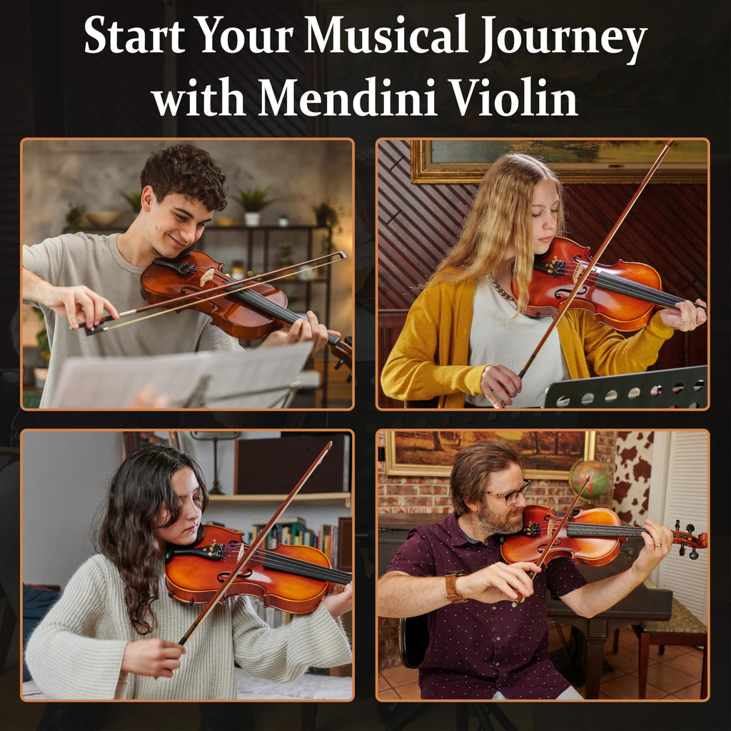Mendini by Cecilio Violin 4/4 Full Size Set For Beginners - Hand Carved Acoustic Violins Set - Fiddle Solidwood Kit with Hard Case, Two Bows, Tuner, Rosin, Shoulder Rest, Extra Strings, Lesson Book