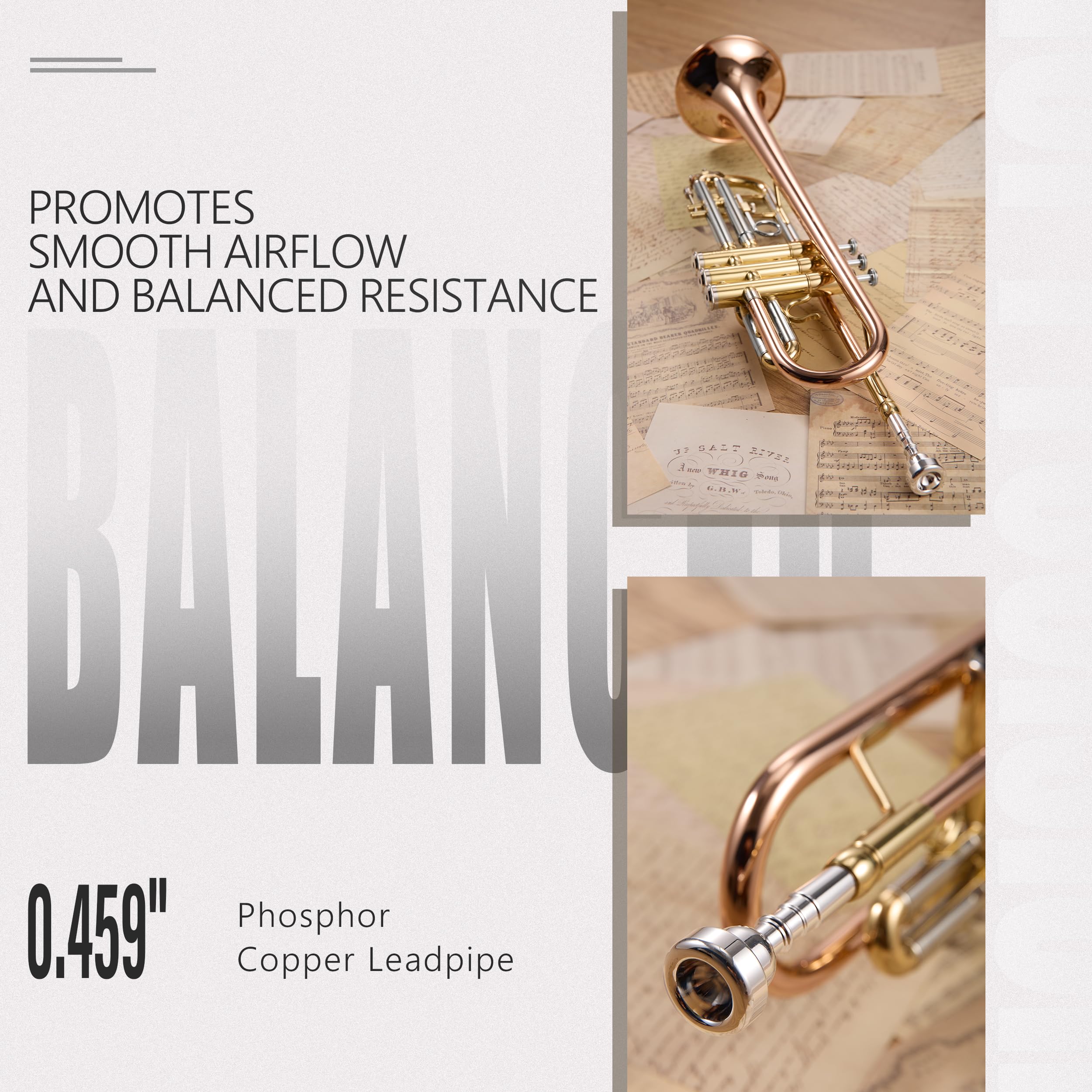 AKLOT Hand-Hammered Bell Bb Trumpet: Smooth Valve Action, Clear-Lacquered Brass Body, Standard Trumpet Beginner Set with Leather Case, Lesson Book, Trumpet Mute, Mouthpiece, Cleaning Kit (SNR-BrzED)