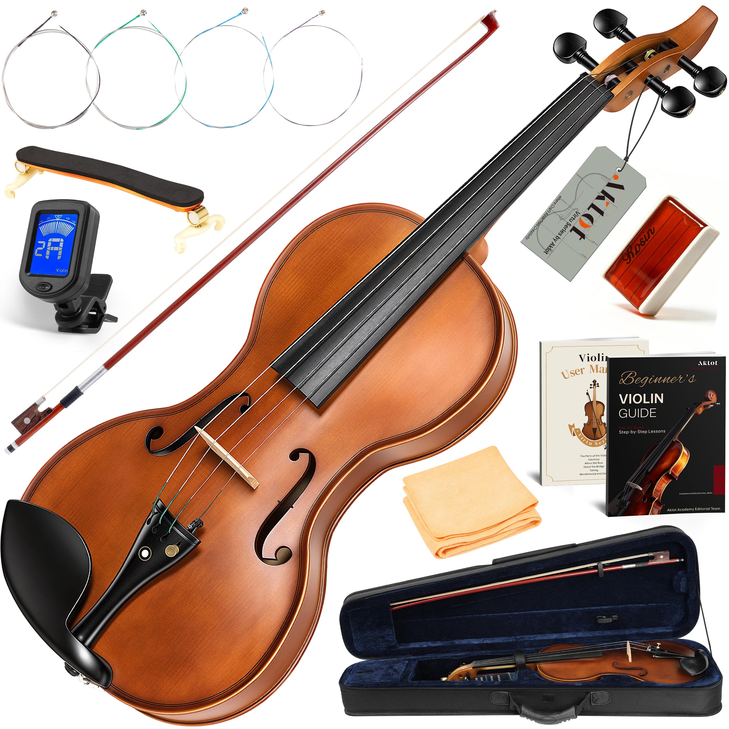 AKLOT Handcrafted Full Size Violin: Solid Wood Matte Fiddle, Acoustic Beginner 4/4 Violin Kit with Hard Case, Lesson Book, Bow, Shoulder Rest, Extra Strings, Tuner, Fretboard Stickers (VRT-AmiCS)