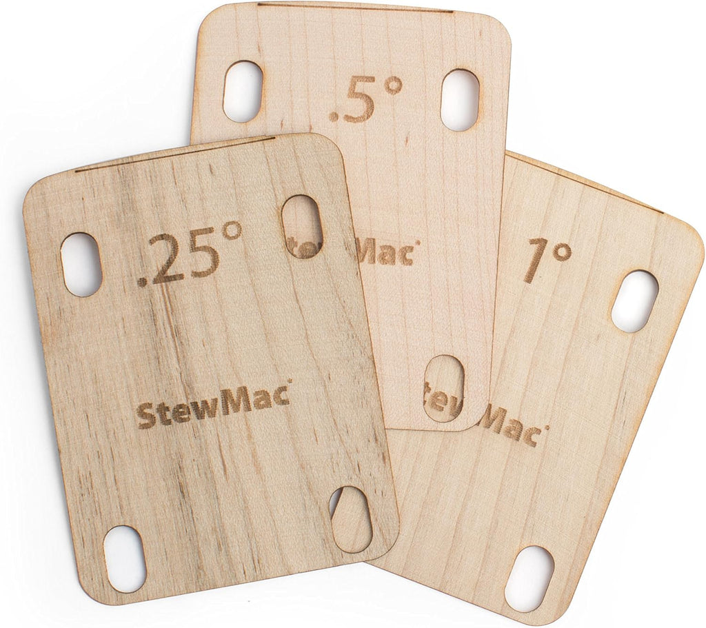 StewMac Electric Guitar Neck Shims – Shaped, Set of 3 (0.25°, 0.50°, 1°) – Tapered Maple Shims for Bolt-On Neck Adjustments – Full Contact, Precision Fit – Ideal for Guitar Setup & Repair