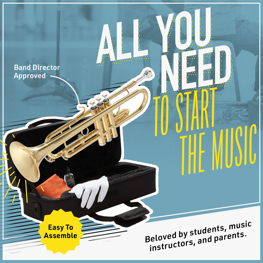 Mendini By Cecilio Bb Standard Trumpet Set for Beginners - Brass Trumpet Instrument with Hard Case, 7C Mouthpiece, Valve Oil, Cleaning Cloth, Maintenance kit and Gloves (Gold)