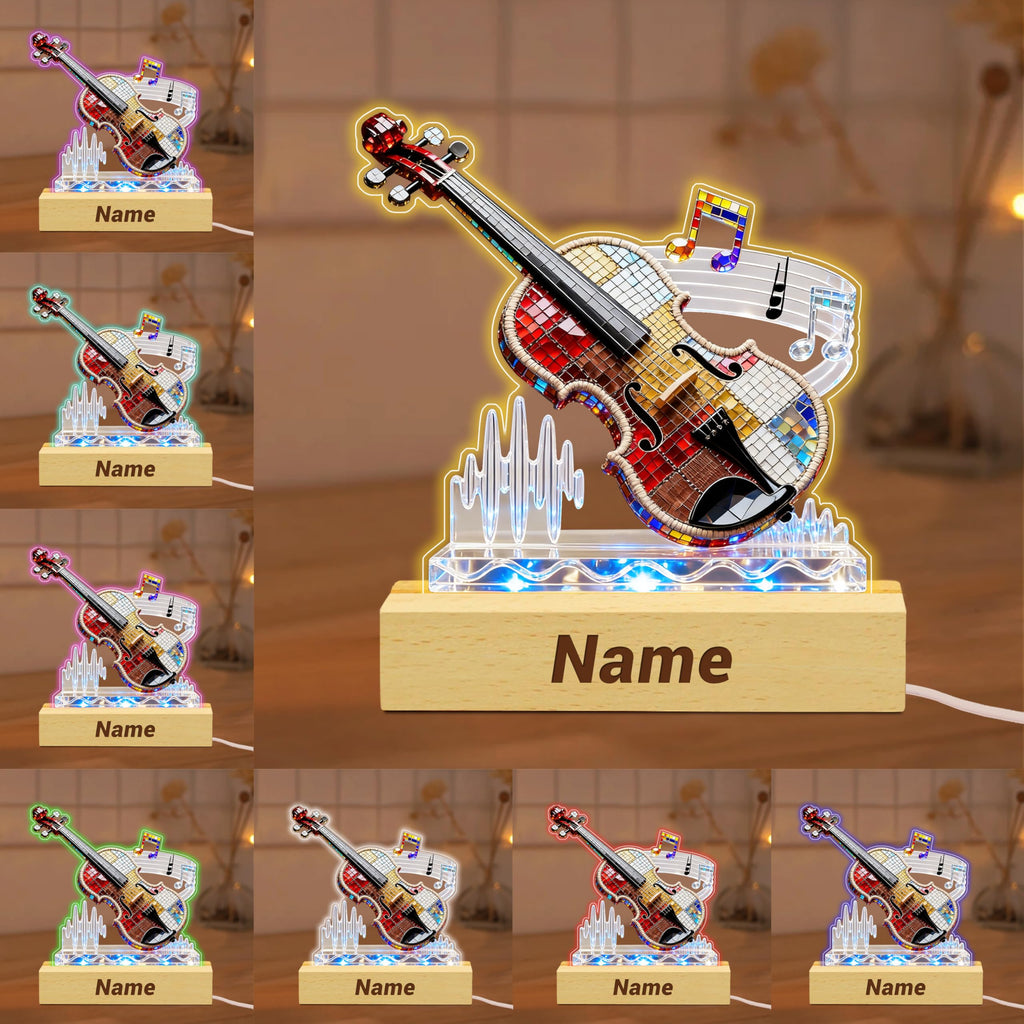 Personalized Name Violin Crystal Desktop Ornaments for Club Bedroom Office Custom Music Theme Stained Glass Acrylic Tabletop Plaque 2D Flat Electric Cello Figurine Sculpture for Violinist Cellist