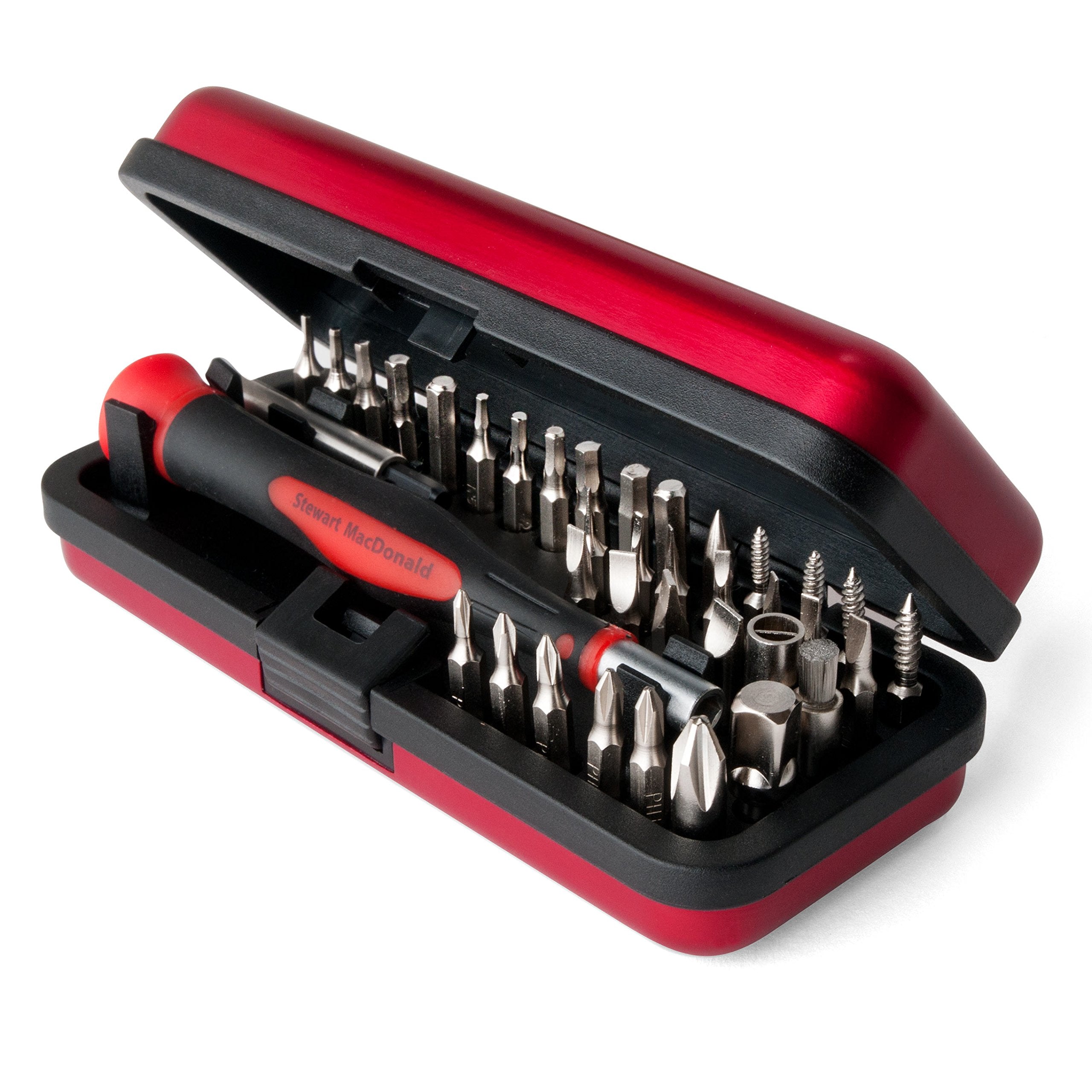 StewMac Guitar Tech Screwdriver Set – 36-Piece Bit Set for Guitar Hardware – Compact No-Spill Case – Magnetic Easy Grip Handle with Extender – Professional Luthier & Repair Tool Kit