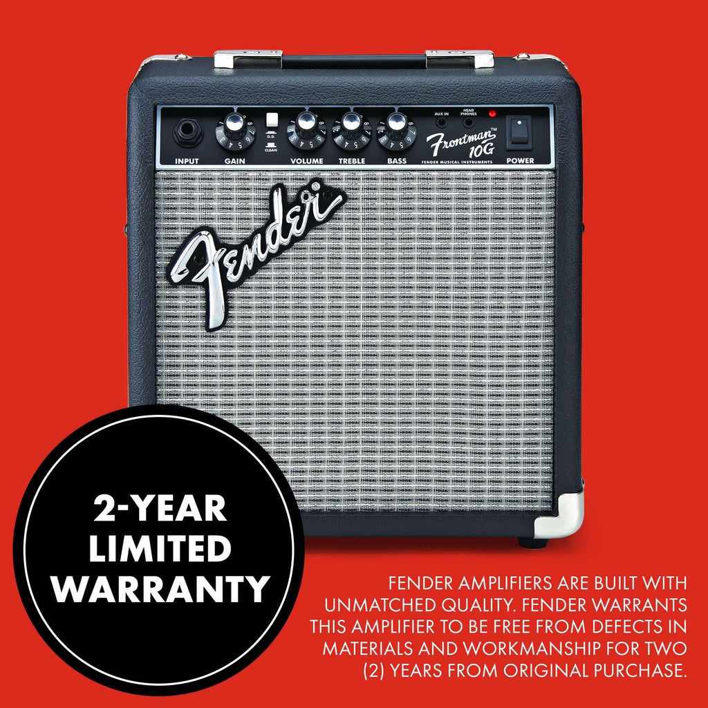 Fender Frontman 10G Electric Guitar Amplifier, 10-Watt Practice Amp with 6" Speaker, Built-in Overdrive, Headphone Jack & Aux Input, Black/Silver, with 2-Year Warranty
