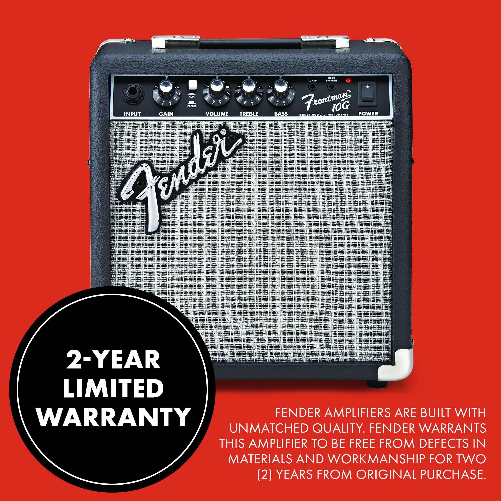Fender Frontman 10G Electric Guitar Amplifier, 10-Watt Practice Amp with 6" Speaker, Built-in Overdrive, Headphone Jack & Aux Input, Black/Silver, with 2-Year Warranty