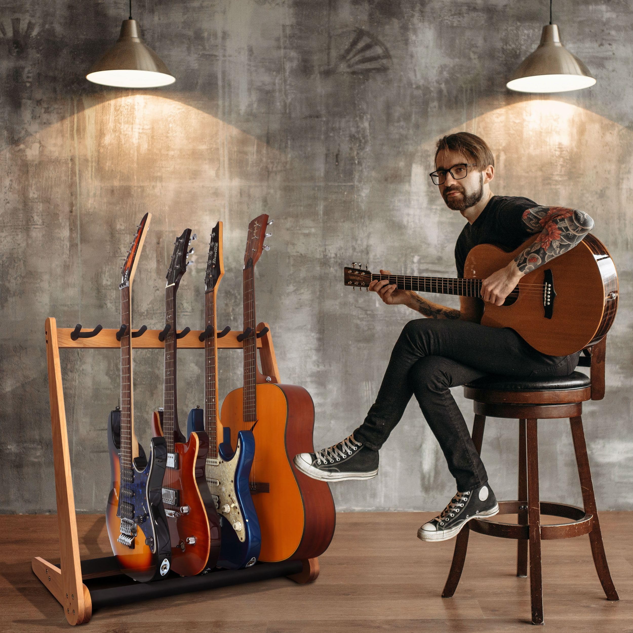 Nefelibata Multi-Purpose Guitar Stands 5 Wooden Guitar Rack Floor Stand for Guitars and Cases, Electric Guitars, Acoustic Guitars, Bass Guitars, Cellos - German Ash (Yellowish Brown)