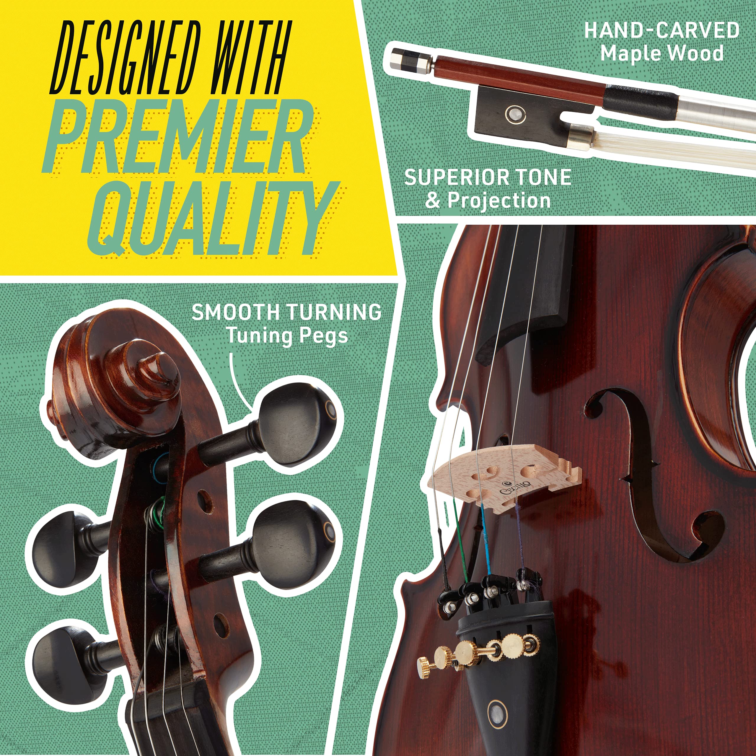 Mendini By Cecilio 4/4 Violin For Beginners, Black Solid Wood - Flamed Acoustic Violins Set with Case, Tuner, Shoulder Rest, Bow, Rosin, Bridge & Strings