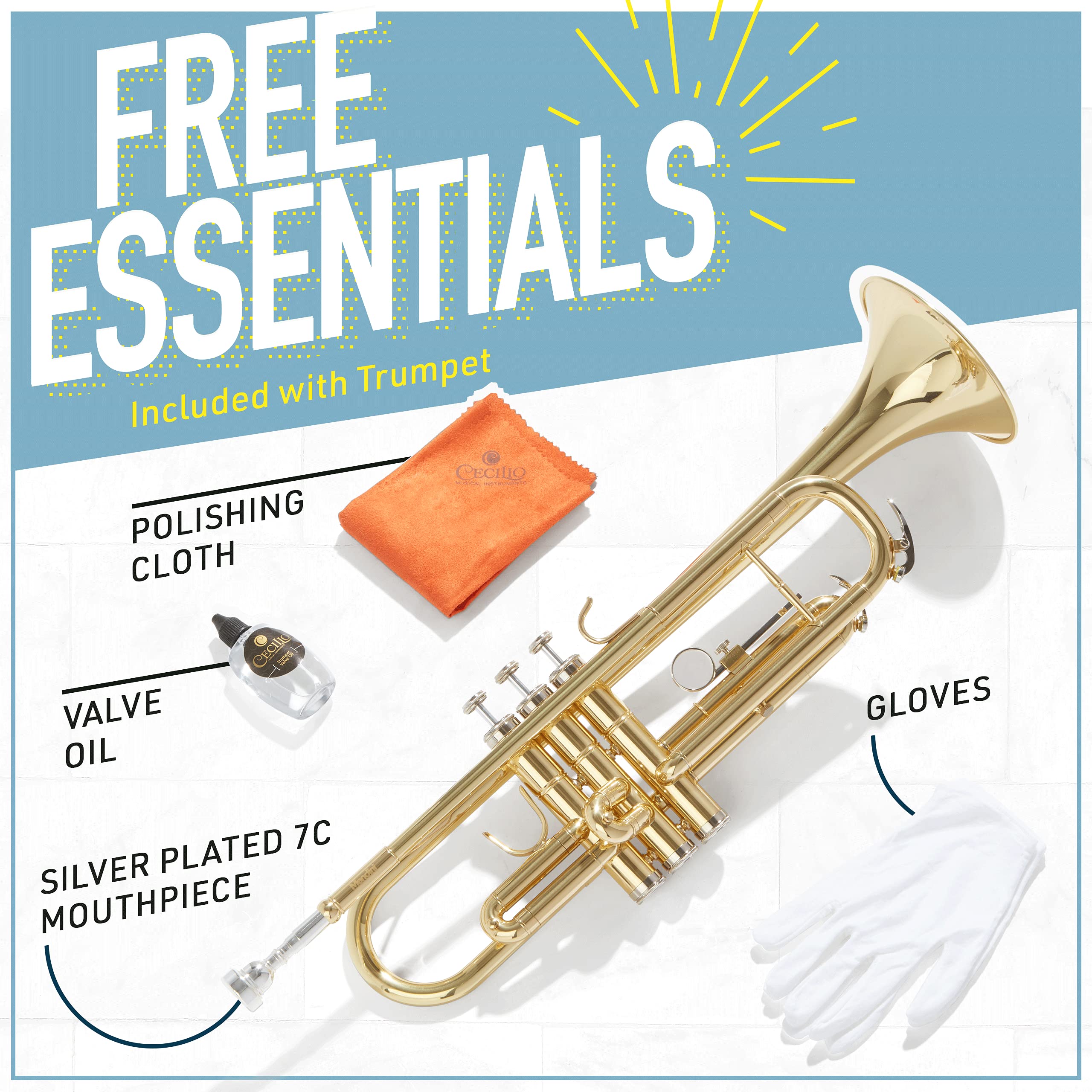Mendini By Cecilio Bb Standard Trumpet Set for Beginners - Brass Trumpet Instrument with Hard Case, 7C Mouthpiece, Valve Oil, Cleaning Cloth, Maintenance kit and Gloves (Gold)