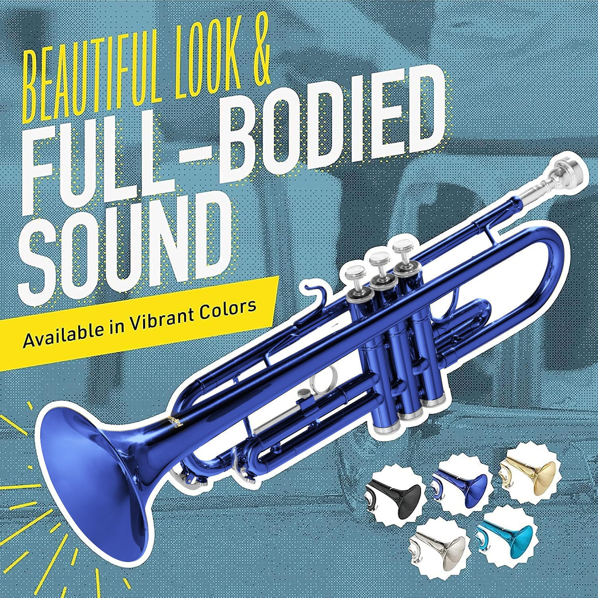Mendini By Cecilio Bb Standard Trumpet Set for Beginners - Brass Trumpet Instrument with Hard Case, 7C Mouthpiece, Valve Oil, Cleaning Cloth, Maintenance kit and Gloves (Gold)