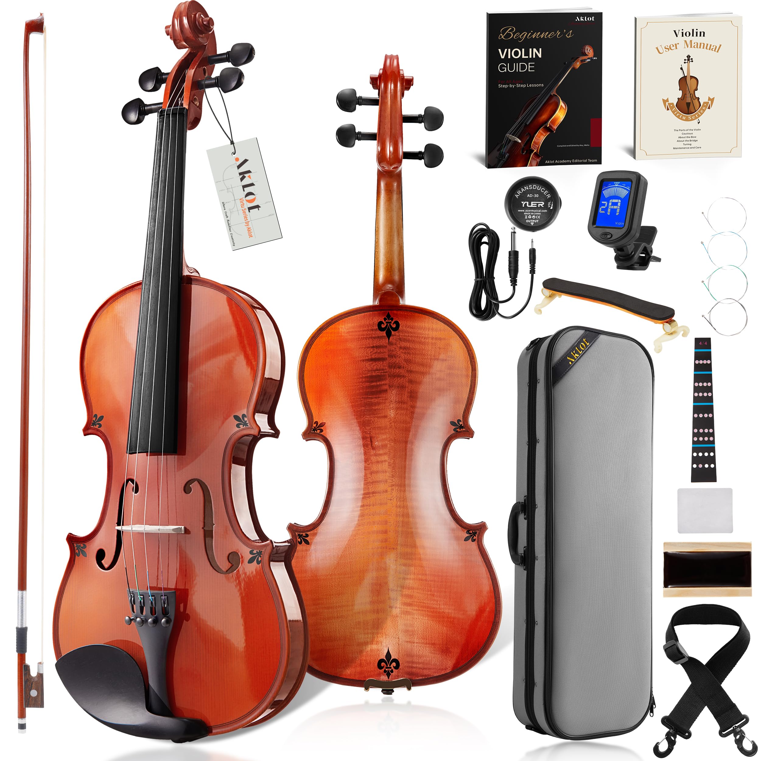 AKLOT Handcrafted Full Size Violin: Solid Wood Matte Fiddle, Acoustic Beginner 4/4 Violin Kit with Hard Case, Lesson Book, Bow, Shoulder Rest, Extra Strings, Tuner, Fretboard Stickers (VRT-AmiCS)